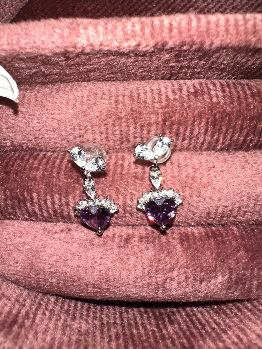 Silver Drop Heart Shape Earrings with Purple Heart Gemstones - Picture 3 of 4